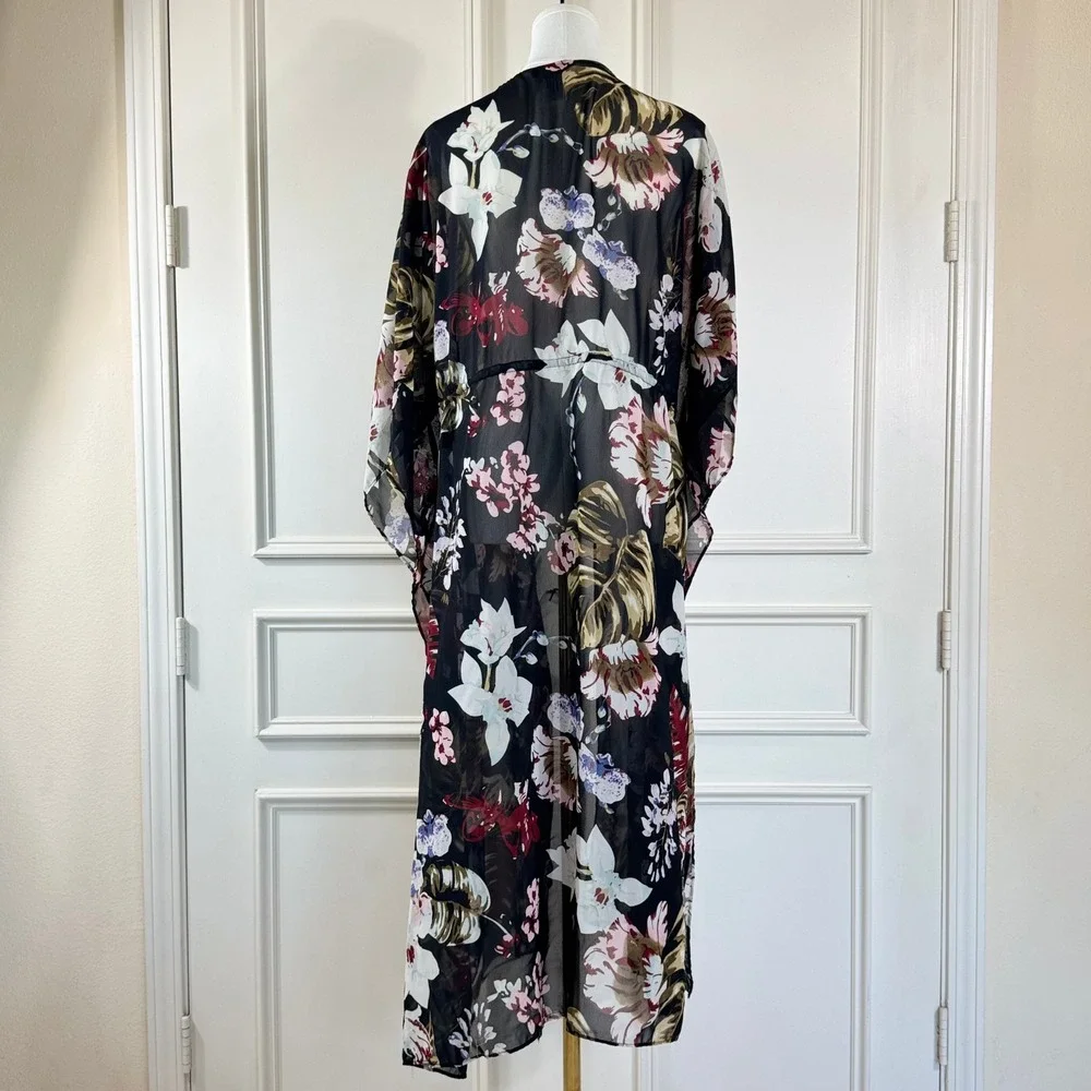 Walter Baker Floral Sheer Kimono Women's Size O/S Black Tropical Boho Longline